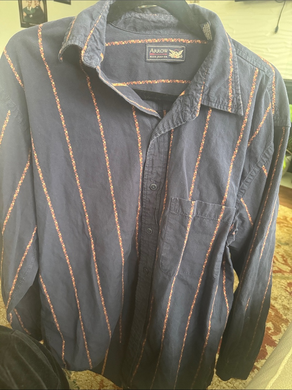 Arrow Navy Button-Down Shirt with Orange Stripes